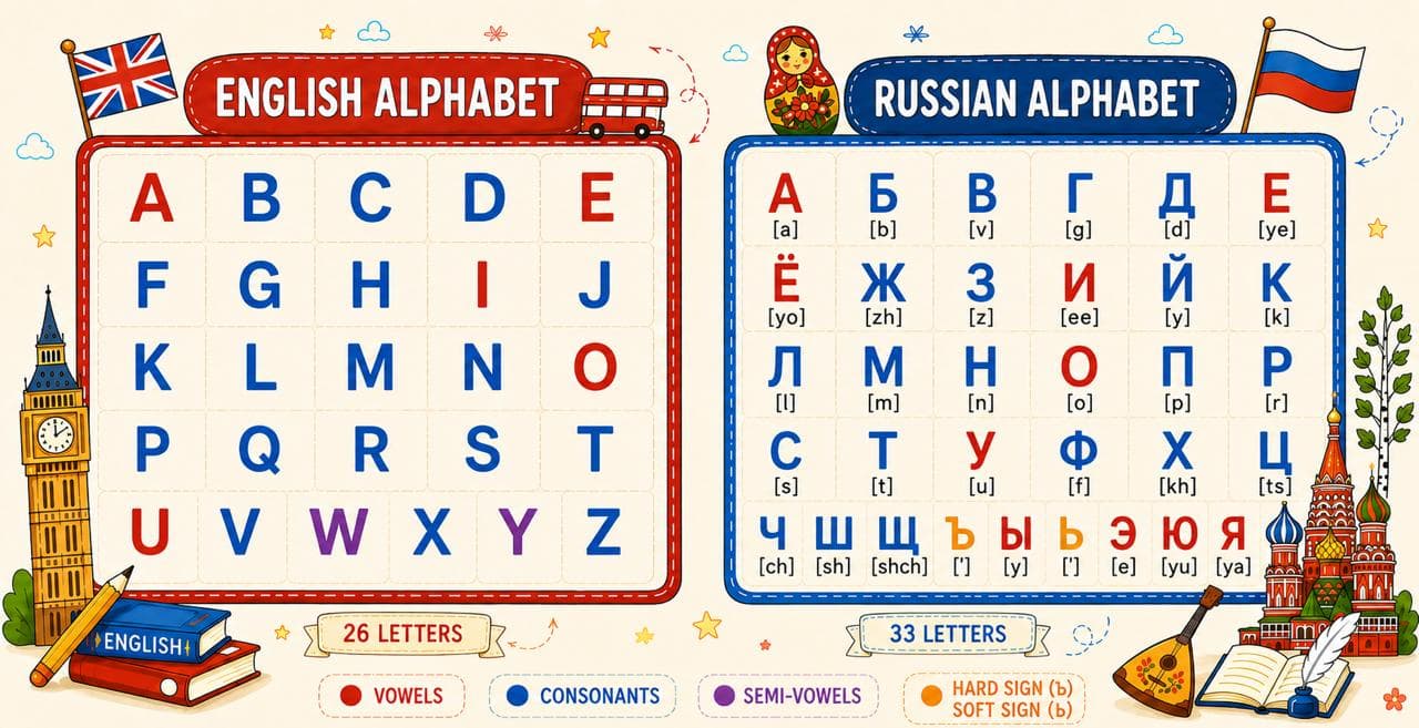Illustrated comparison of the English and Russian alphabets