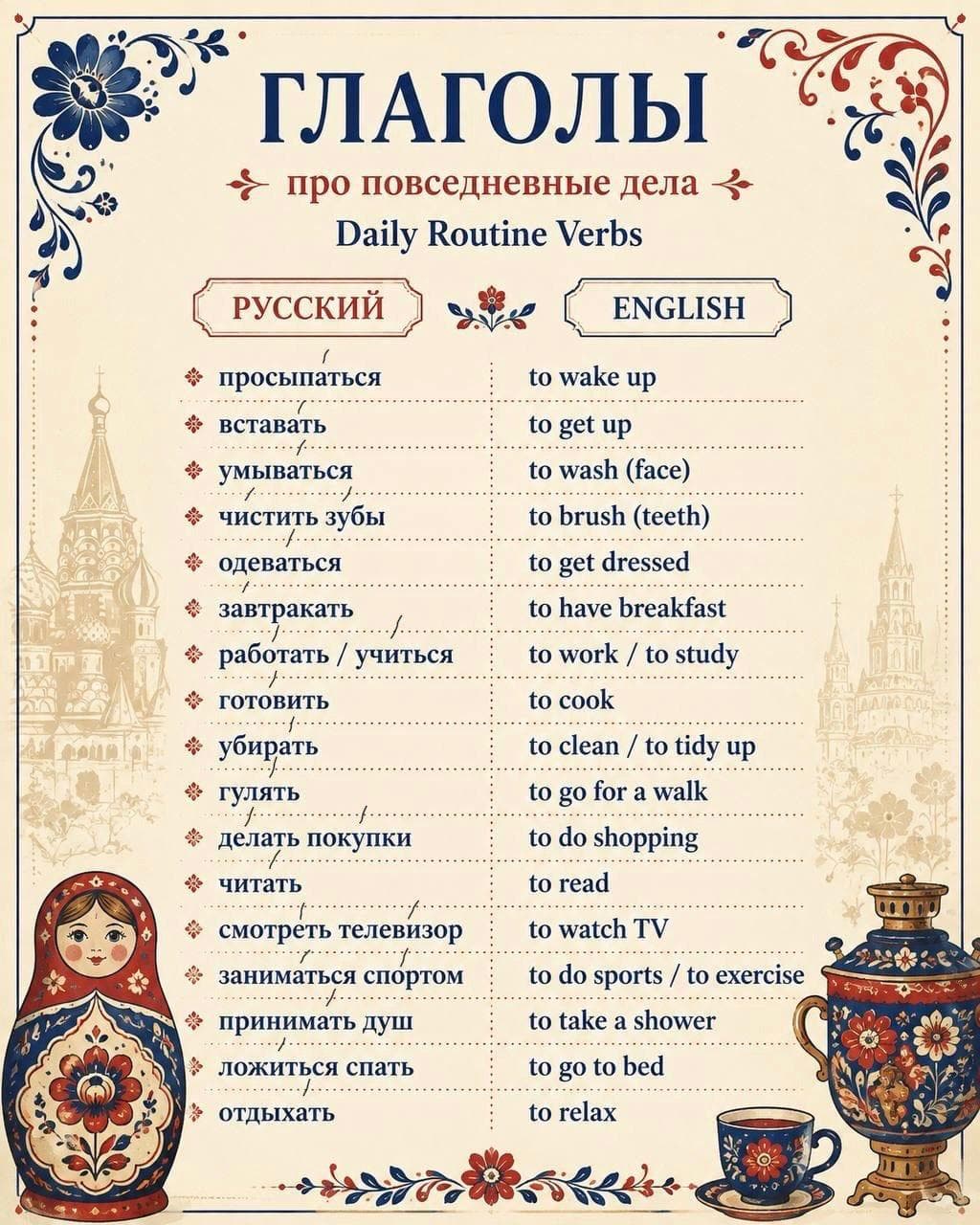 Illustrated Russian and English list of daily routine verbs from waking up through going to bed