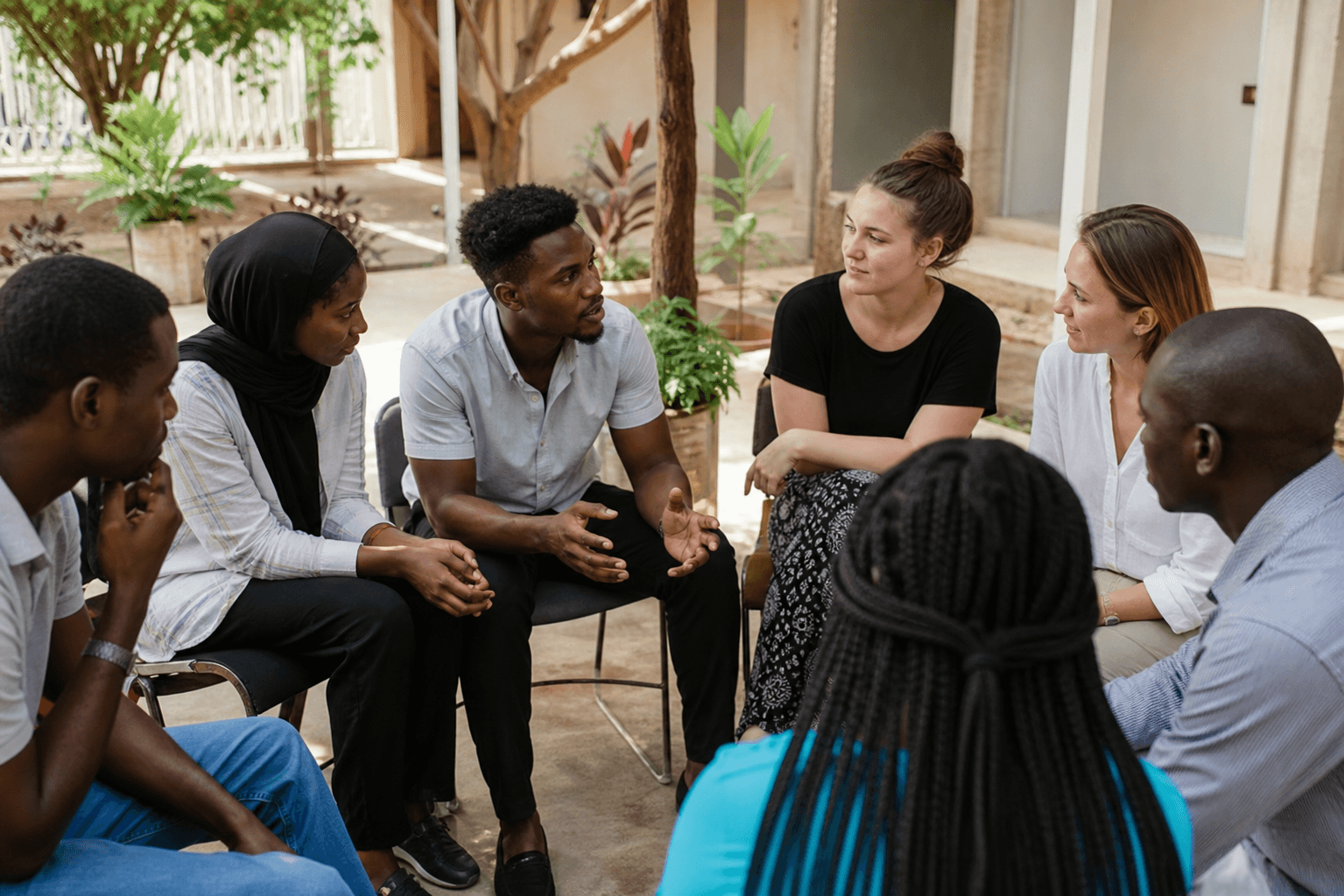 Concept image of adults exchanging perspectives in a courtyard discussion