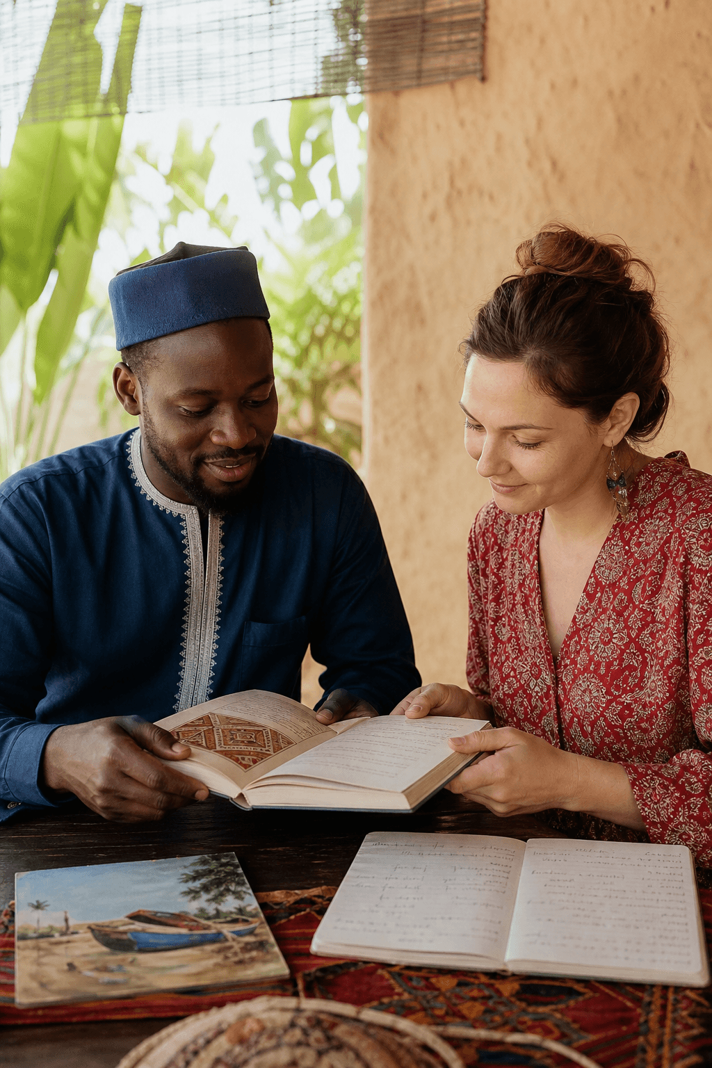 A Gambian and a Russian participant sharing books and cultural ideas